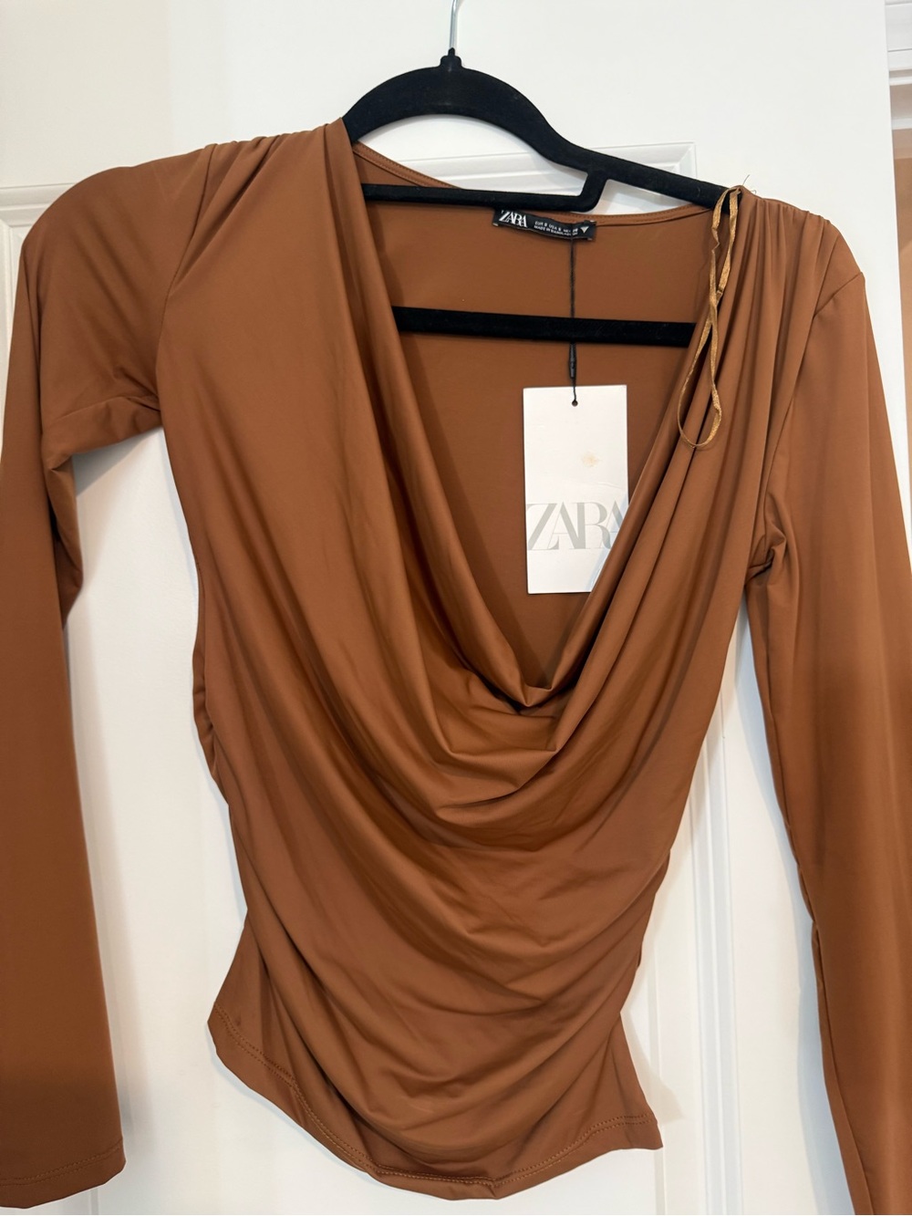 ZARA Cognac Draped Cowl Neck Long Sleeve Top